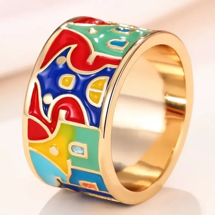 Gold Brass Enamel Geometric Ring for Women Trendy Party Gift