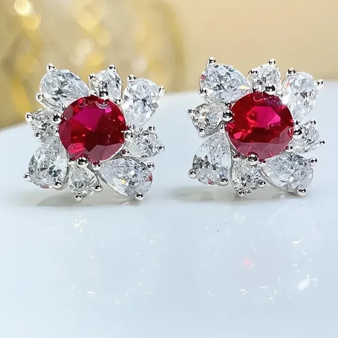Elegant Geometric Red CZ Stud Earrings for Women Wedding Jewelry Gift