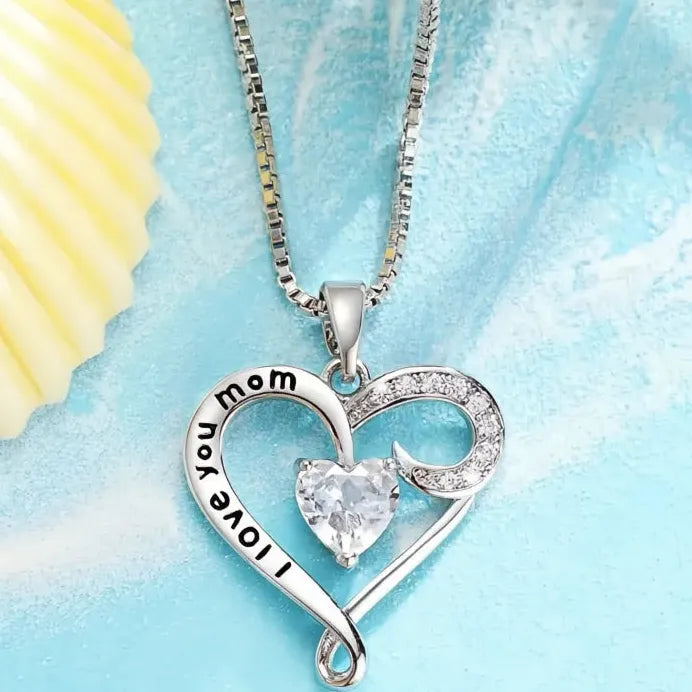 Romantic Heart Pendant Necklace I Love You Mom CZ Jewelry Gift Women