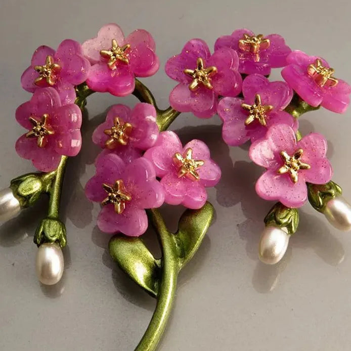 Purple Flower Enamel Brooch Pin Pearl Corsage Retro Style for Women