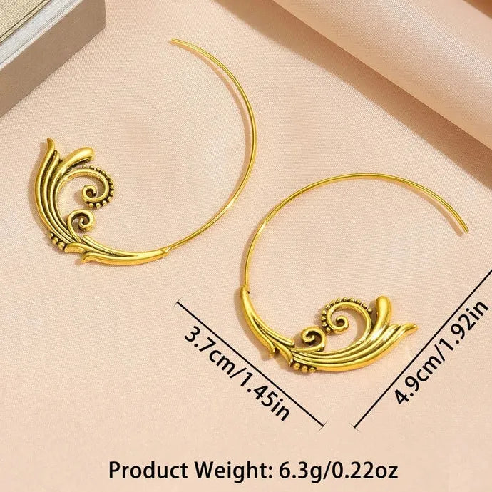 Vintage C-Shaped Women's Earrings Silver Pendant Plant Flower Leaf Zinc Alloy