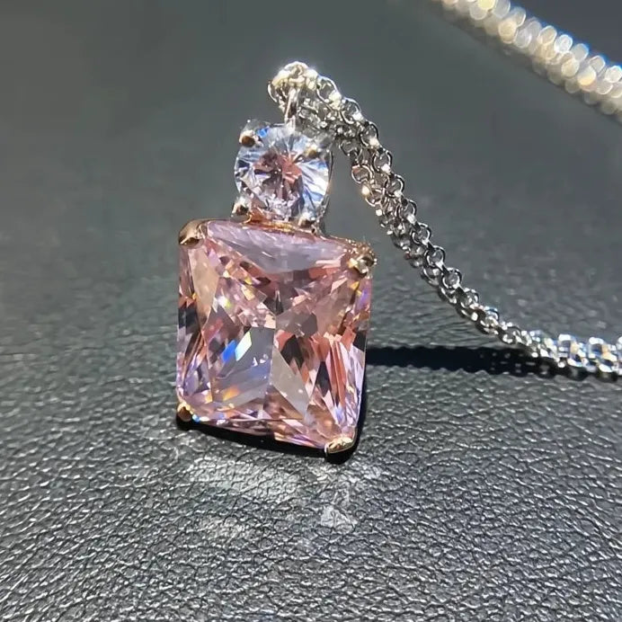 Pink Cubic Zirconia Geometric Pendant Necklace for Women Wedding Jewelry