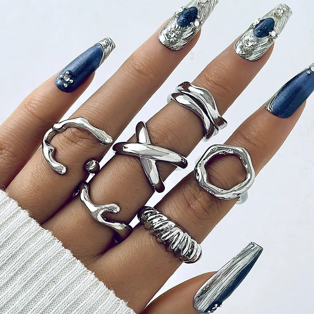 6Pcs Women's Silver Geometric Open Rings Set Metal Hollow Circle Jewelry