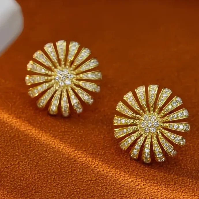 Gold Color Flower Plant Stud Earrings with Bright CZ Cubic Zirconia for Party Engagement
