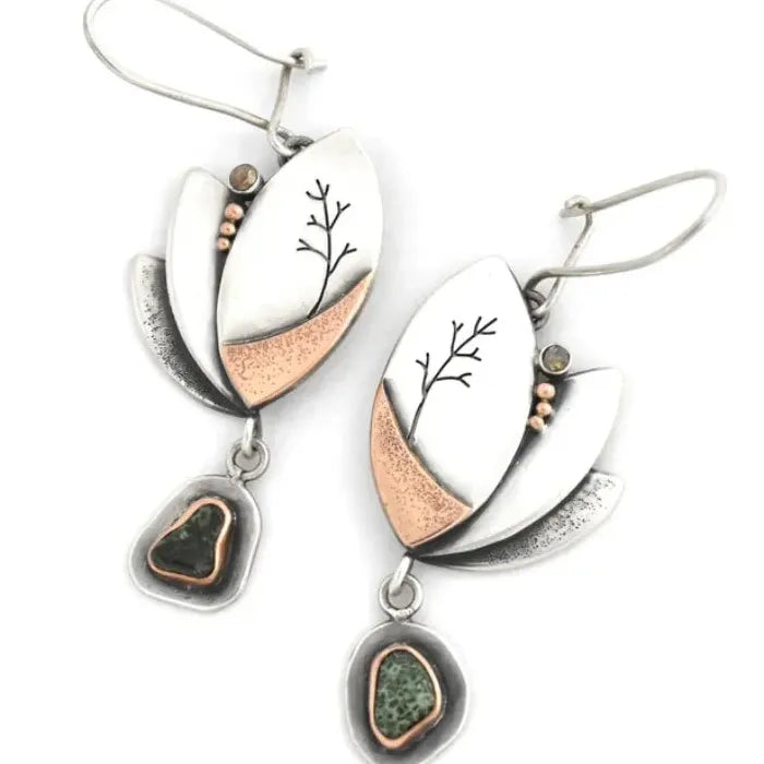 Silver Rose Gold Oval Tree Geometry Long Dangle Earrings for Women Zinc Alloy Jewelry