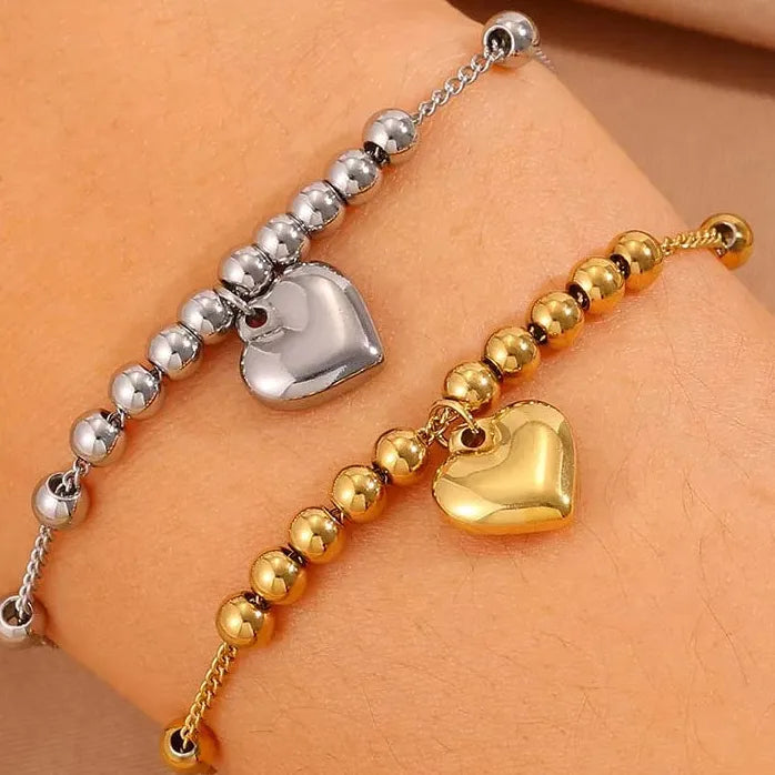 Stainless Steel Gold Heart Pendant Bracelet Women Metal Beaded Bangle Jewelry