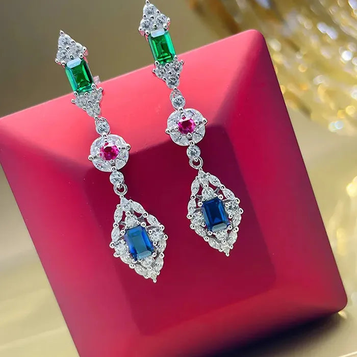 Geometric Green CZ Dangle Earrings for Women Copper Drop Wedding Jewelry