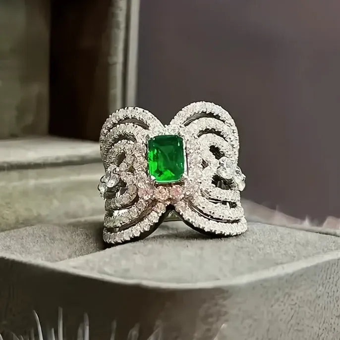 Luxury Women Wedding Ring with Geometric Green Cubic Zirconia Brass Fashion Jewelry