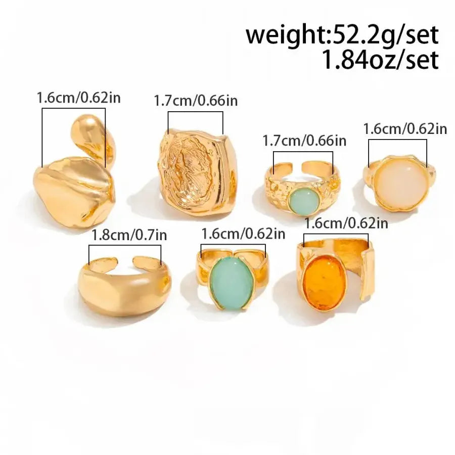 7Pcs Vintage Colorful Crystal Geometric Rings Set for Women Fashion Jewelry
