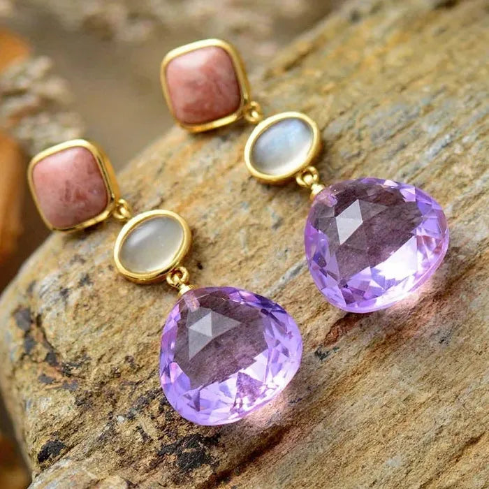 Elegant Purple Synthetic Crystal Geometric Pendant Drop Earrings Zinc Alloy Gemstone