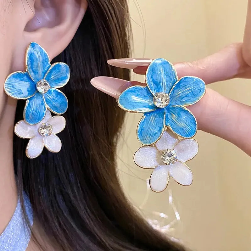 Vintage Double Layer Dripping Oil Flower Drop Earrings for Women Girls Stylish
