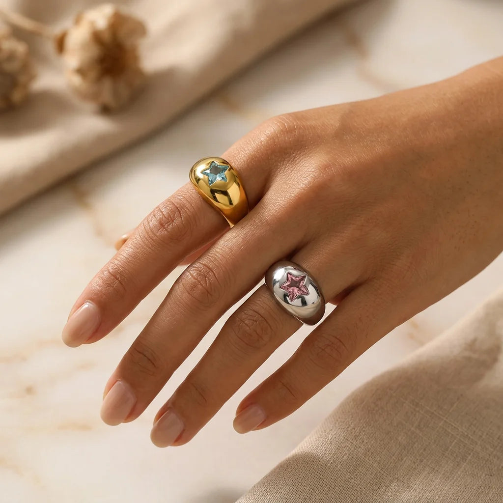 Chunky Dome Star Wedding Ring Stainless Steel CZ 18K Gold Plated Bridal Jewelry