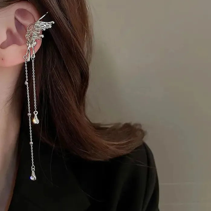 Y2K Rhinestone Star Clip Earrings Long Tassel Non-Piercing Jewelry Accessory