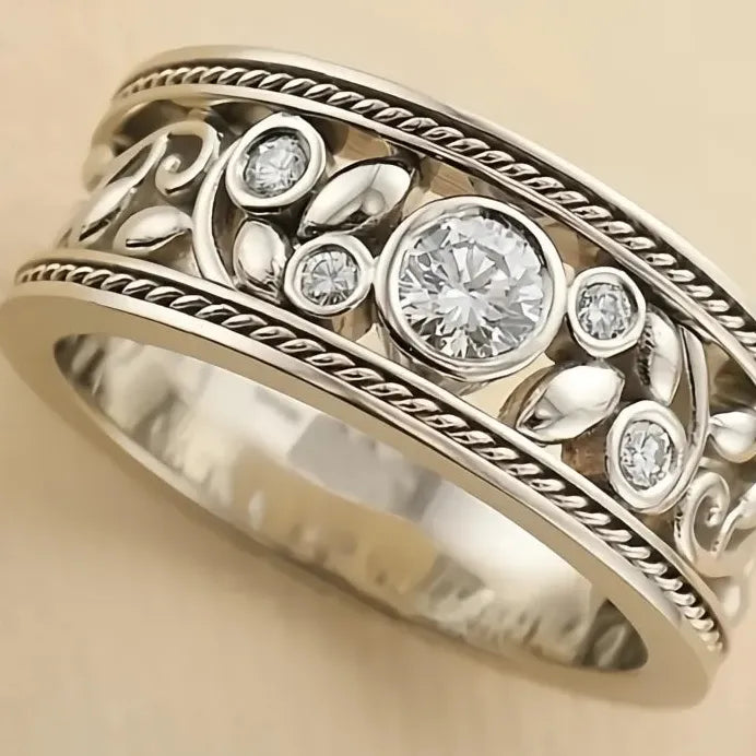 Silver Tone Cubic Zirconia Geometric Leaf Design Ring for Women Party