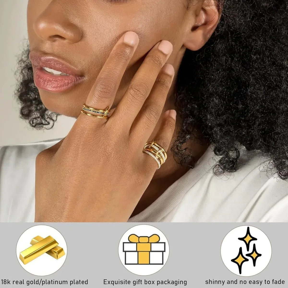 Punk 4-Layer Mixed Color Stainless Steel Ring Women Shiny Zircon Jewelry Gift