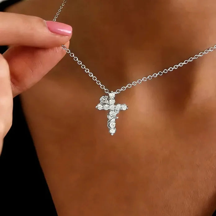 Zircon Cross Pendant Necklace for Women Gold Rose Trendy Fashion Jewelry