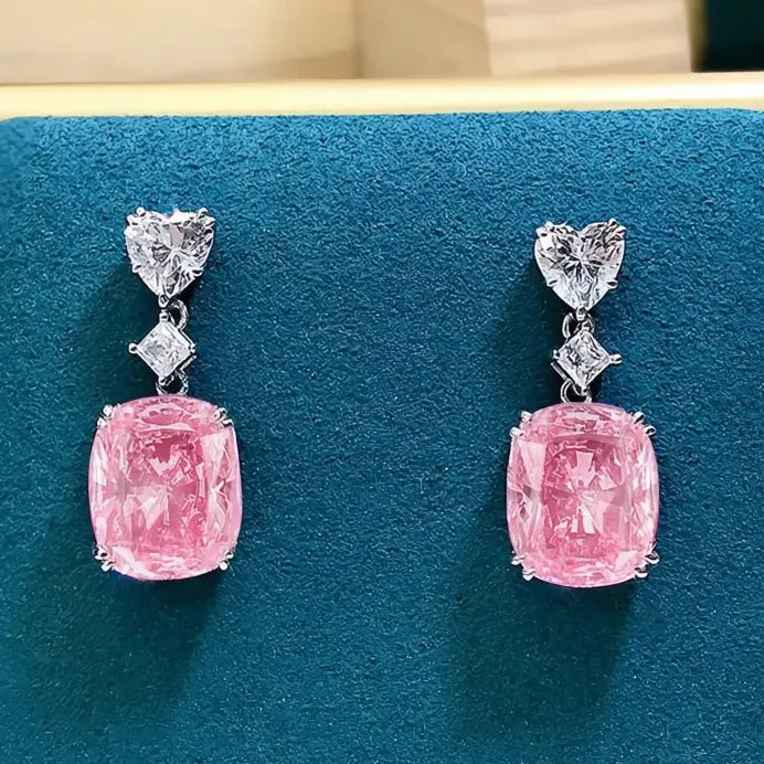 Luxury Bright Pink Geometric CZ Drop Earrings Bridal Wedding Jewelry