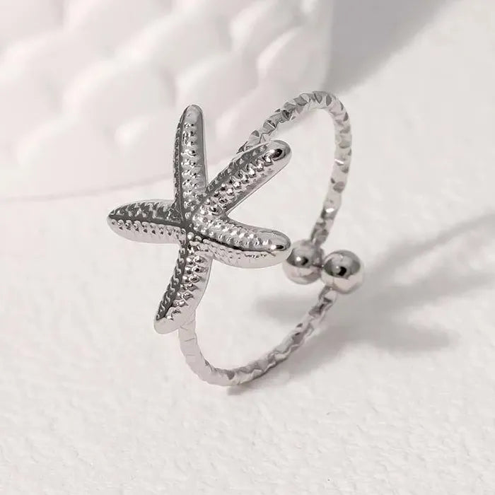Adjustable Stainless Steel Gold Starfish Ring Vintage Beach Jewelry Women