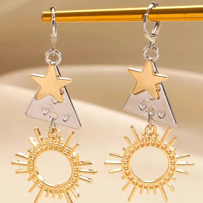Vintage Zinc Alloy Geometric Sun Star Heart Triangle Drop Earrings Gift