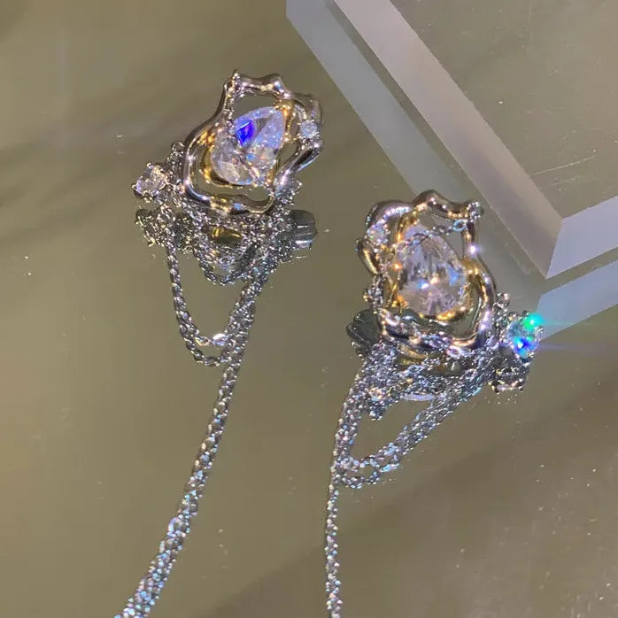 Zircon Opal Moon Tassel Drop Earrings for Women Elegant Jewelry