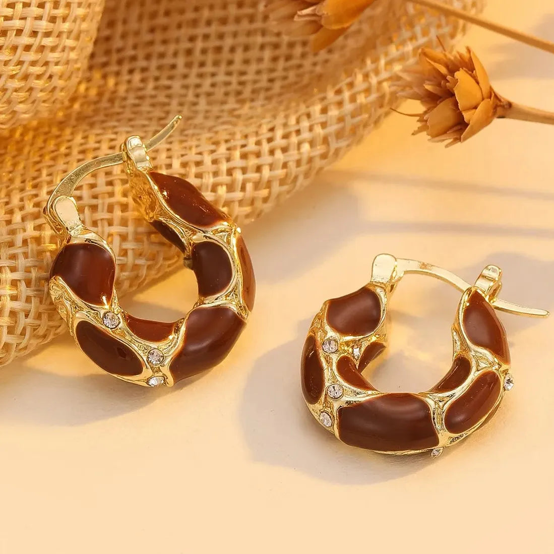 Vintage Tiger's Eye Stone Round U-Shaped Hoop Earrings for Women Jewelry