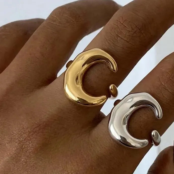 Adjustable Gold Stainless Steel Moon Shaped Ring for Women Celestial Jewelry