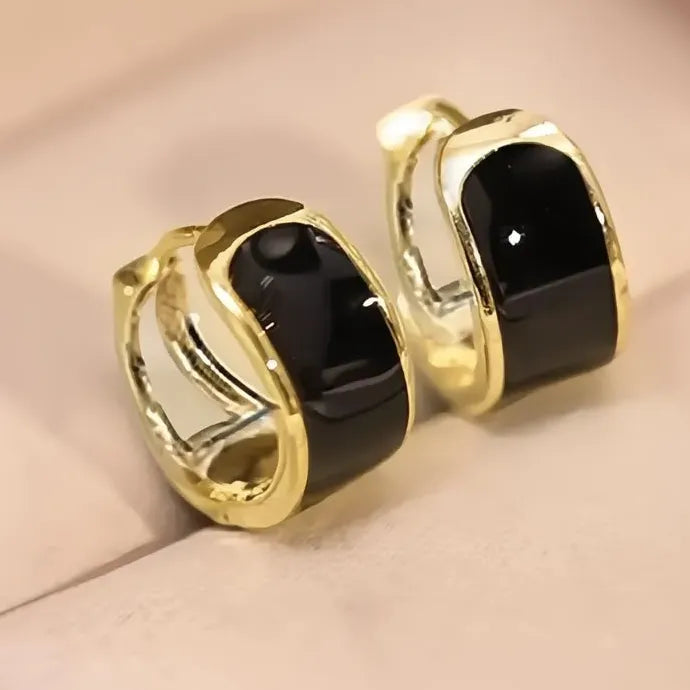 Black Enamel Gold Geometric Hoop Earrings Brass Epoxy Luxury Gift Women