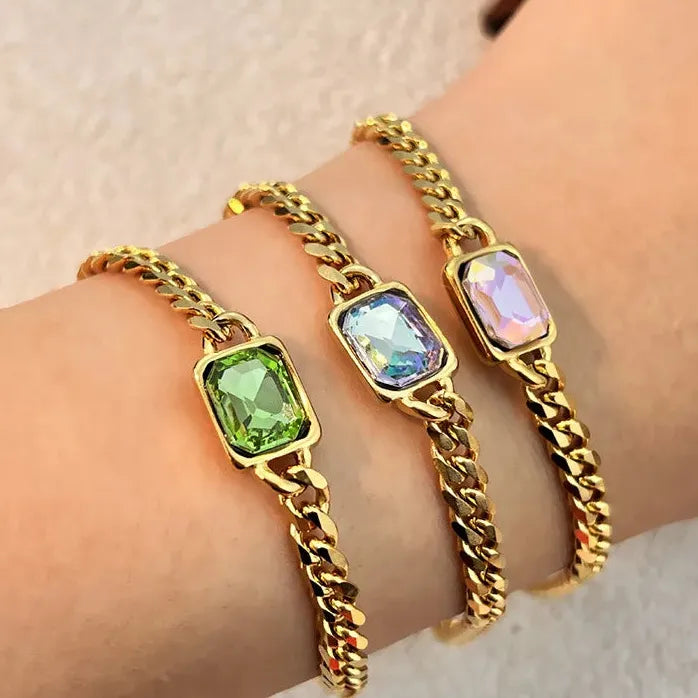 Punk Green Square CZ Zircon Thick Chain Bracelet Women Stainless Steel Durable Waterproof