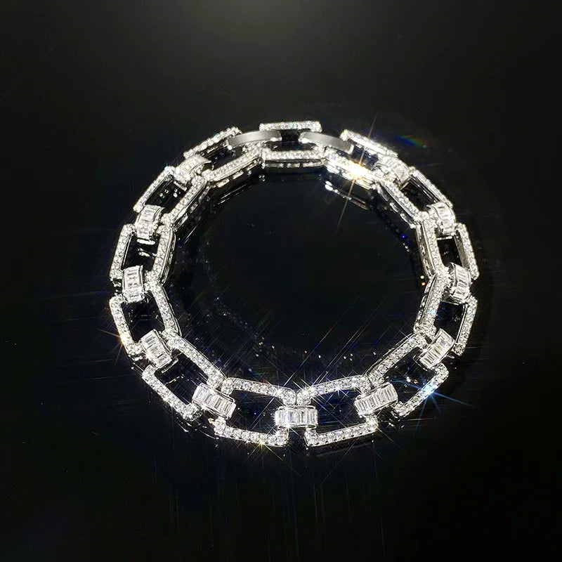 Cubic Zirconia Silver Cuban Chain Bracelet with Geometric Design for Women