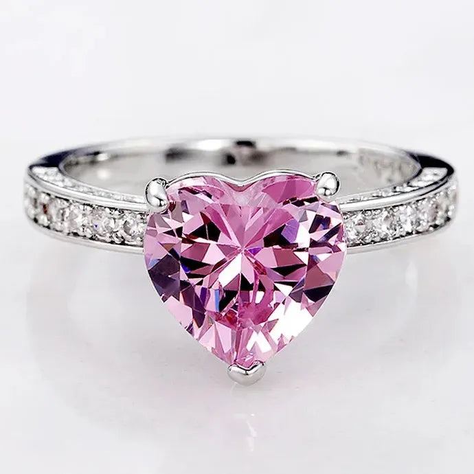 Luxury Zinc Alloy Heart Solitaire Women Engagement Ring Pink CZ Gift
