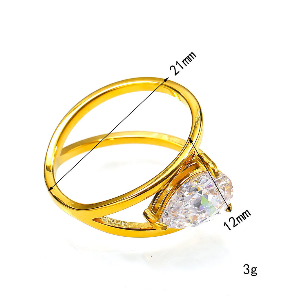18k Gold Plated Stainless Steel Double Layer Circle Waterdrop Zircon Ring Women