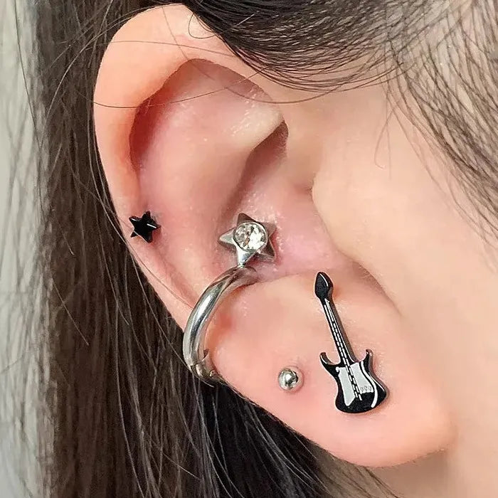 Star Guitar Punk Goth Titanium Steel Stud Earrings for Men Women