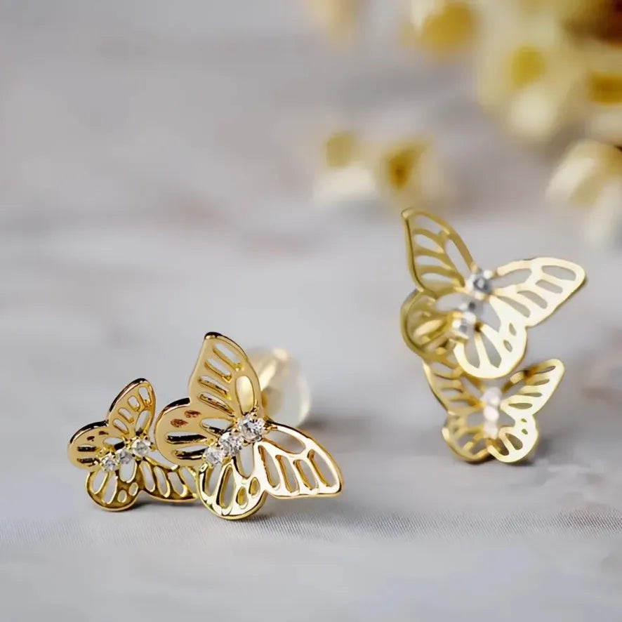 Gold Butterfly Cubic Zirconia Stud Earrings Copper Alloy Jewelry Gift Women