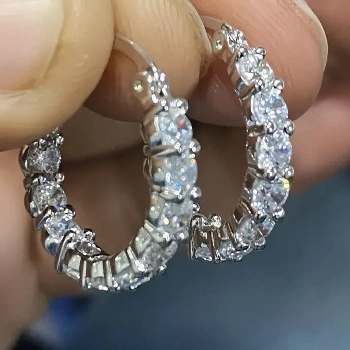 Silver Geometric Copper Alloy Hoop Earrings with Cubic Zirconia for Women
