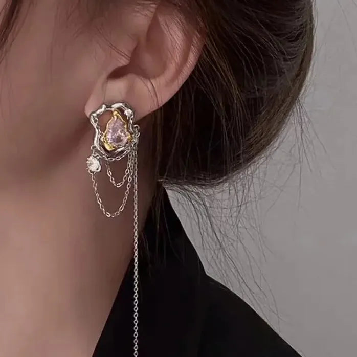Zircon Opal Moon Tassel Drop Earrings for Women Elegant Jewelry