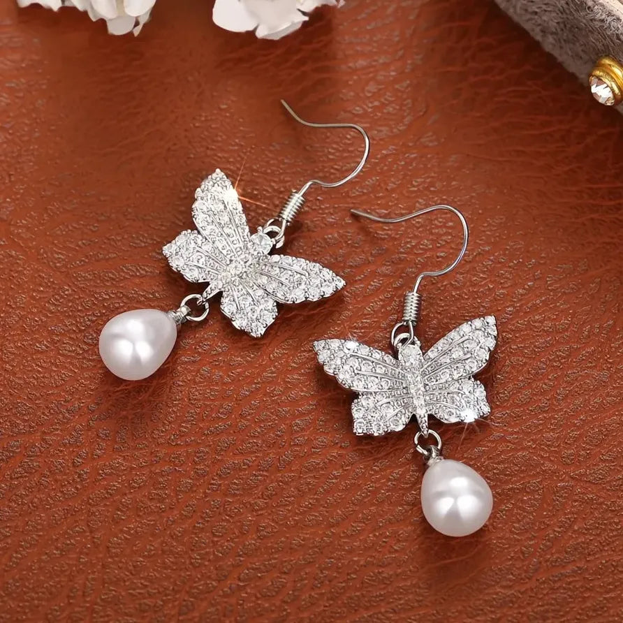 Butterfly Women’s Imitation Pearl Drop Earrings Cubic Zirconia Jewelry