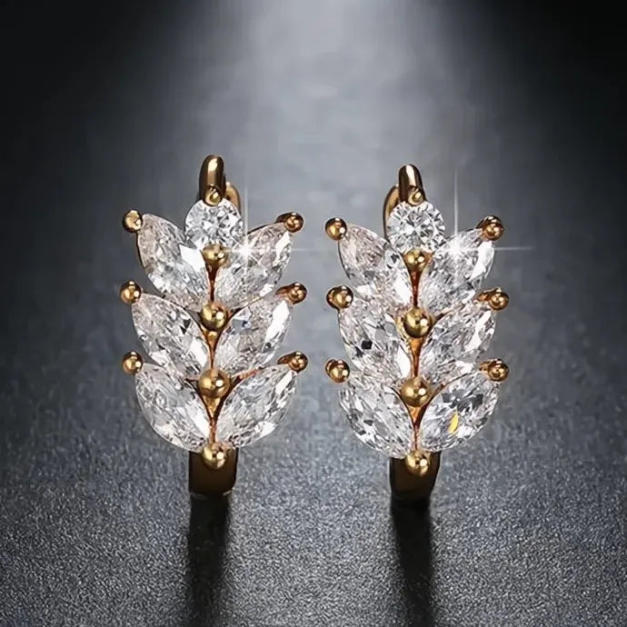 Leaf Shape Hoop Earrings with Marquise White Cubic Zirconia, Brass Alloy