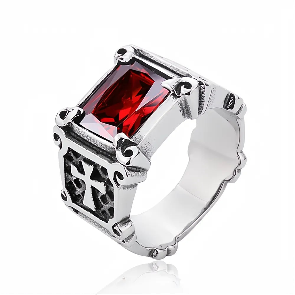 Vintage Stainless Steel Cross Rings Unisex Men Women Classic Red Black Stone Jewelry