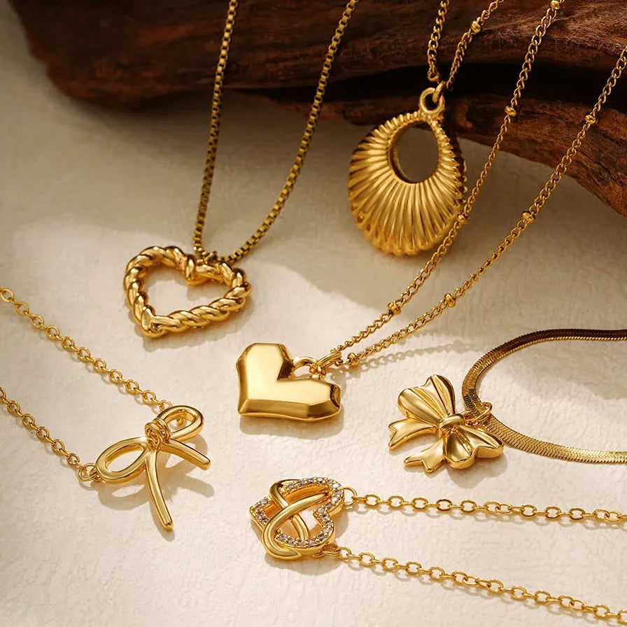 18K Gold Plated Bowknot Pendant Necklace Snake Chain Chunky Hollow Heart Zircon Jewelry
