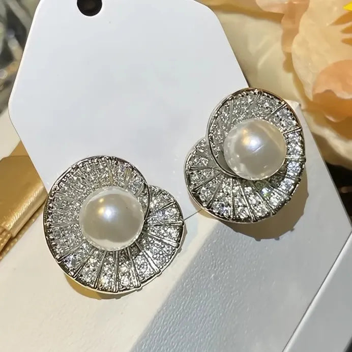 Iced Out CZ Simulated Pearl Stud Earrings for Women Bridal Jewelry