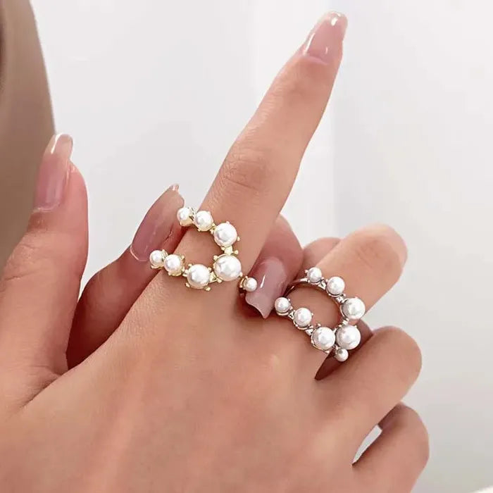 Adjustable Vintage White Pearl Double Layer Geometric Crystal Mood Tracker Ring for Women