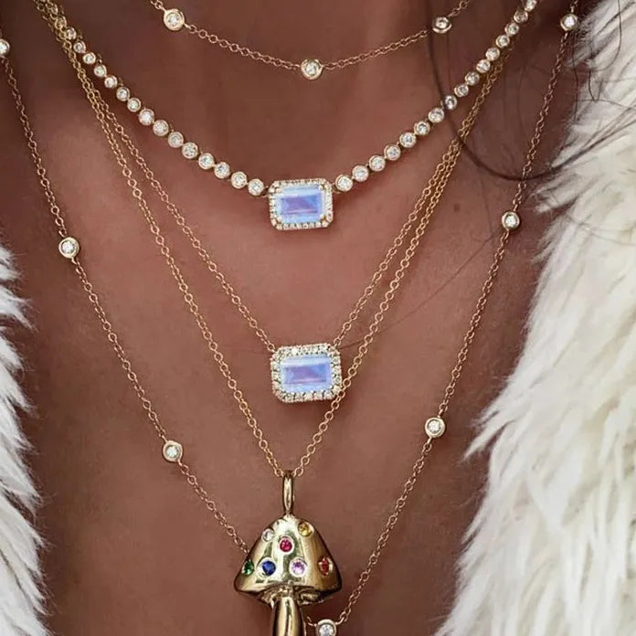 2025 Stainless Steel Mushroom Pendant Necklace Women Girls Zircon Jewelry Gift
