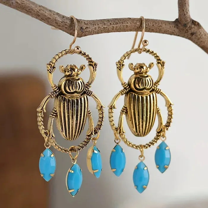 Vintage Blue Gemstone Beetle Pendant Drop Earrings Zinc Alloy Jewelry for Women