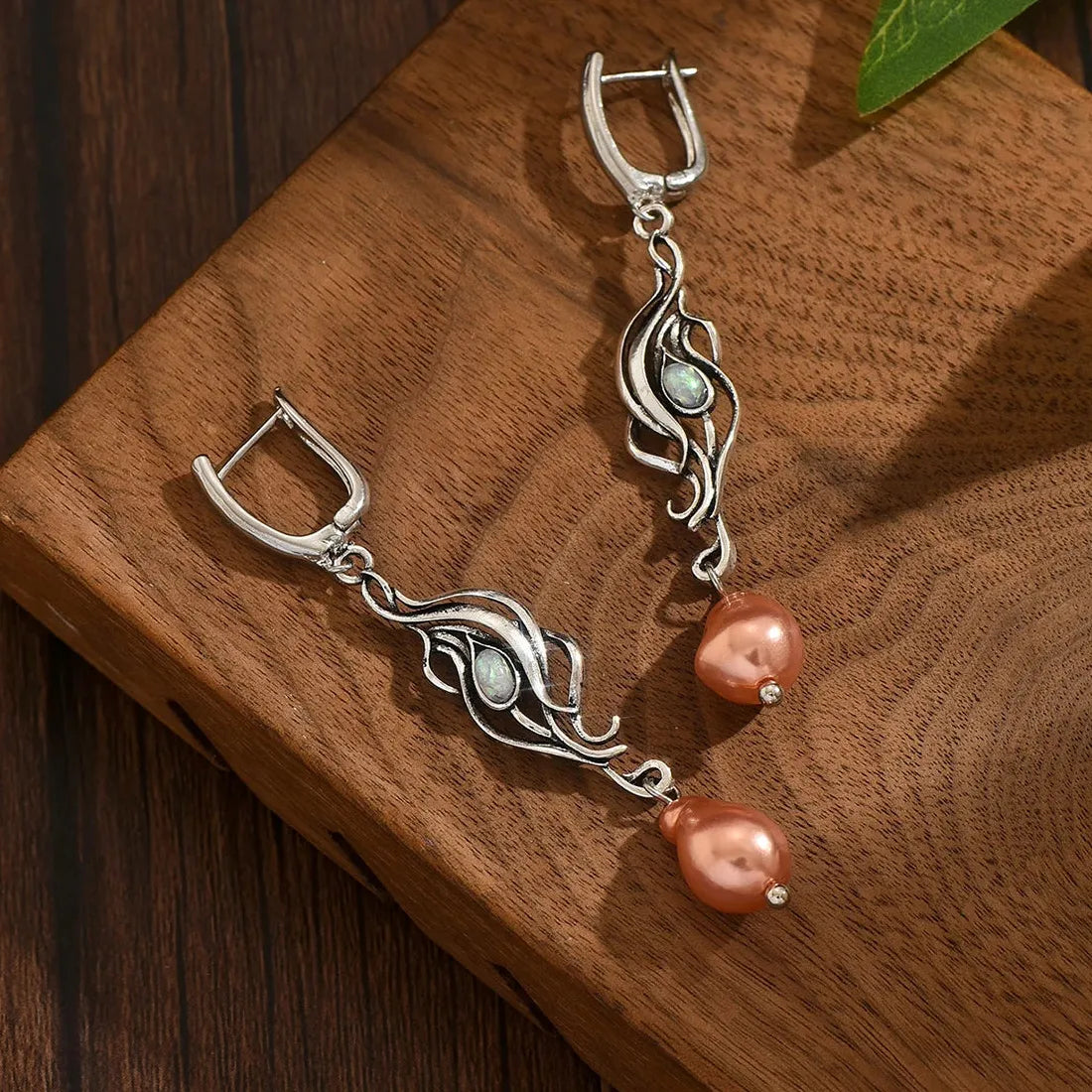 Silver Bohemian Opal Pendant Drop Earrings Copper Metal Elegant Jewelry Gift