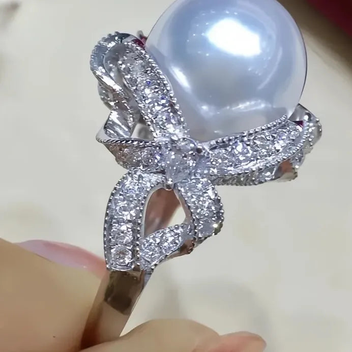 Women's Wedding Ring with Imitation Pearl & Cubic Zirconia Floral Design