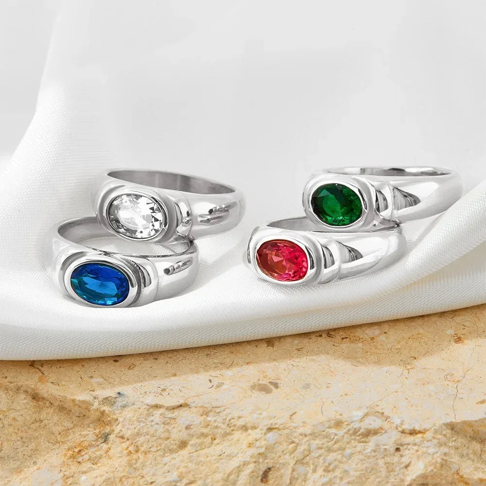 Retro Multicolor Zircon Oval Crystal Stainless Steel Gothic Chunky Knuckle Ring for Women