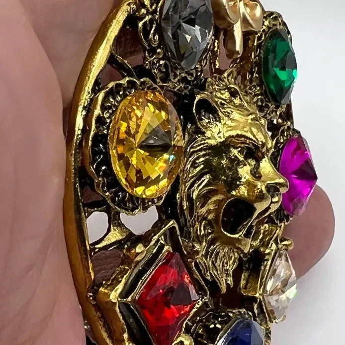 Colorful Rhinestone Lion Head Brooch Animal Jewelry for Men Women