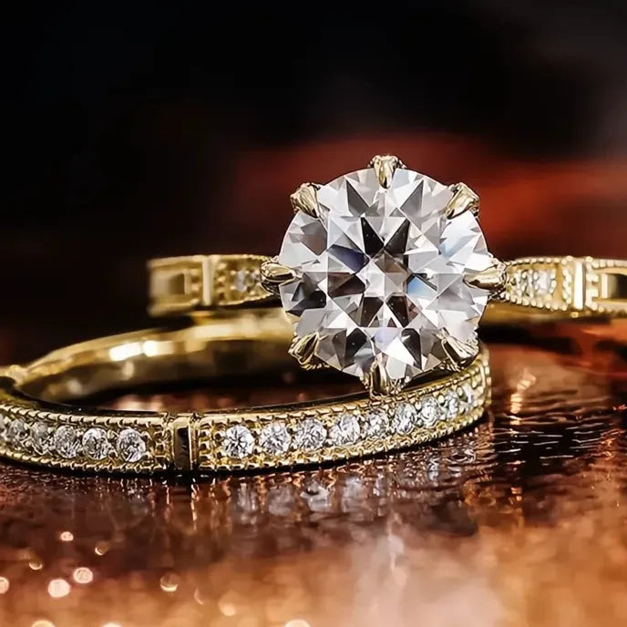 Luxury 2Pcs Women’s Rings Set Gold Color Brass Cubic Zirconia Wedding Jewelry Chic