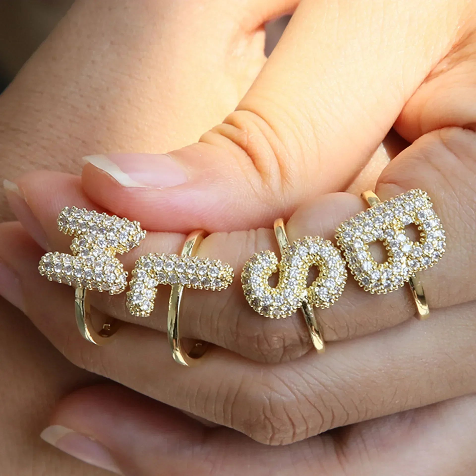 18K Gold Plated CZ Zircon A-Z Initial Letter Adjustable Chunky Ring for Women