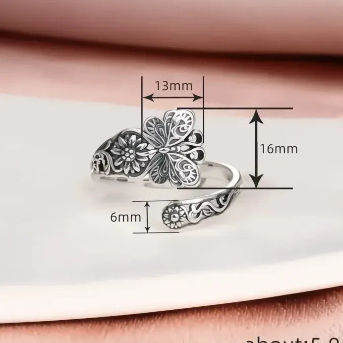 Elegant Women Silver Butterfly Flower Engraved Metal Ring Trendy Design